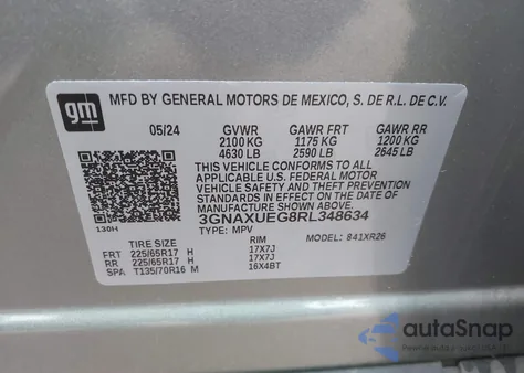2024 Chevrolet Equinox Awd Lt from USA, damaged, VIN 3GNAXUEG8RL348634